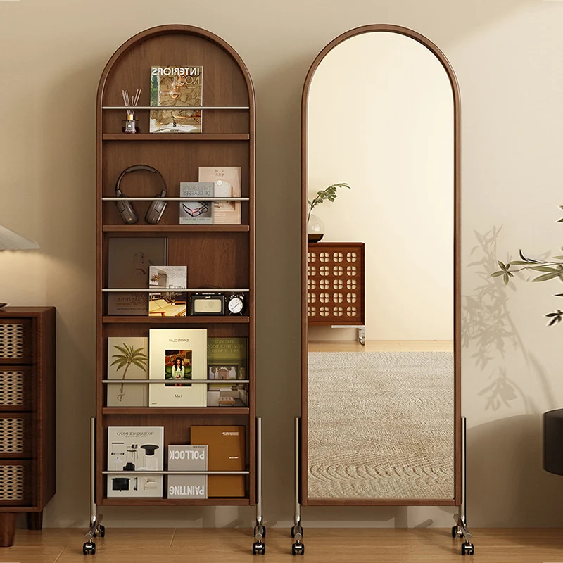 Modern Mid-Century Rubberwood Plywood Stainless Steel Ellipse Bookshelf 360° Rotating Full-Length Mirror For Living Room