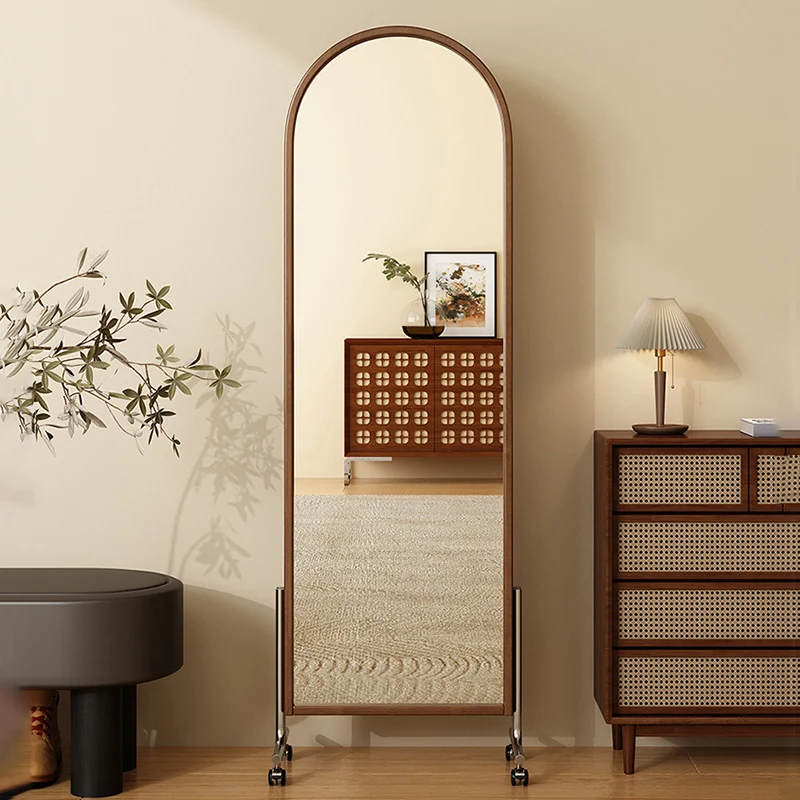 Modern Mid-Century Rubberwood Plywood Stainless Steel Ellipse Bookshelf 360° Rotating Full-Length Mirror For Living Room