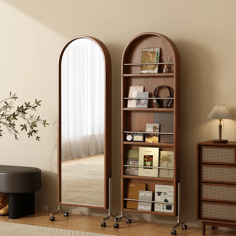 Modern Mid-Century Rubberwood Plywood Stainless Steel Ellipse Bookshelf 360° Rotating Full-Length Mirror For Living Room