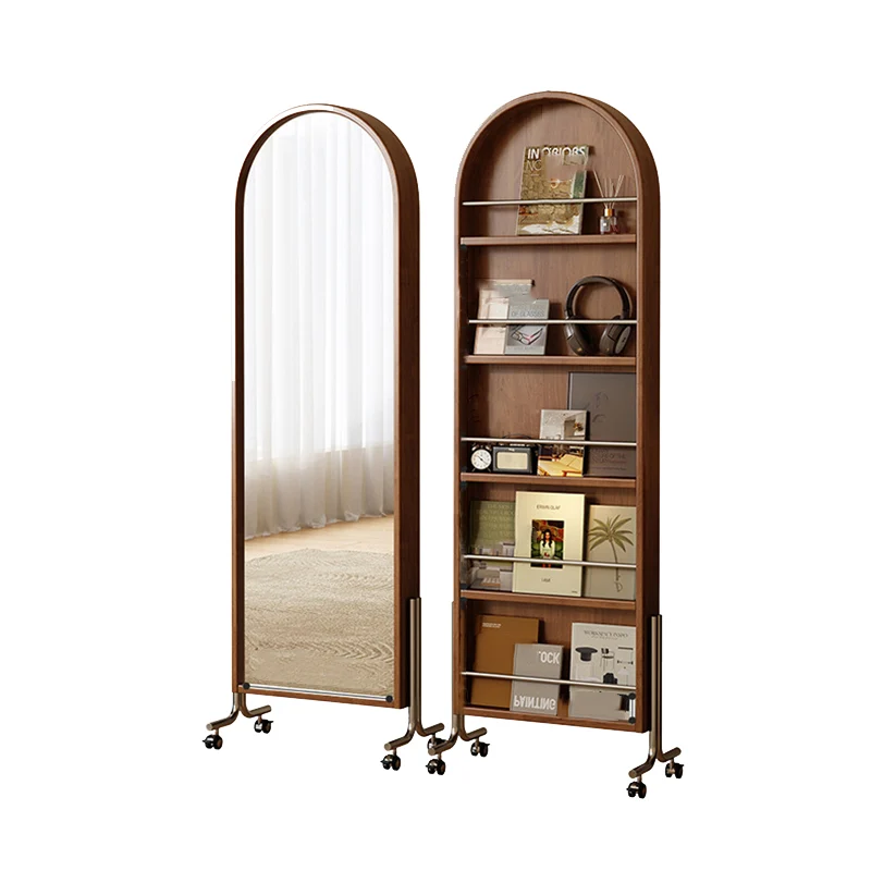 Modern Mid-Century Rubberwood Plywood Stainless Steel Ellipse Bookshelf 360° Rotating Full-Length Mirror For Living Room