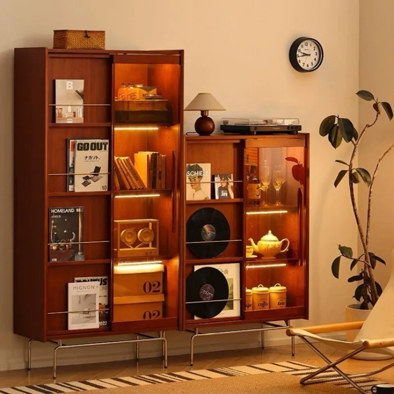 Contemporary Retro Pine Wood Stainless Steel Glass Rectangular Bookshelf 7/8-Cabinet Removable Baffle For Living Room