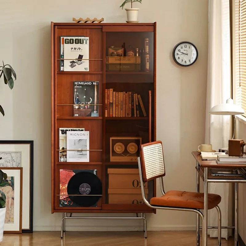 Contemporary Retro Pine Wood Stainless Steel Glass Rectangular Bookshelf 7/8-Cabinet Removable Baffle For Living Room