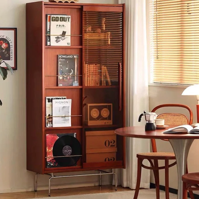 Contemporary Retro Pine Wood Stainless Steel Glass Rectangular Bookshelf 7/8-Cabinet Removable Baffle For Living Room