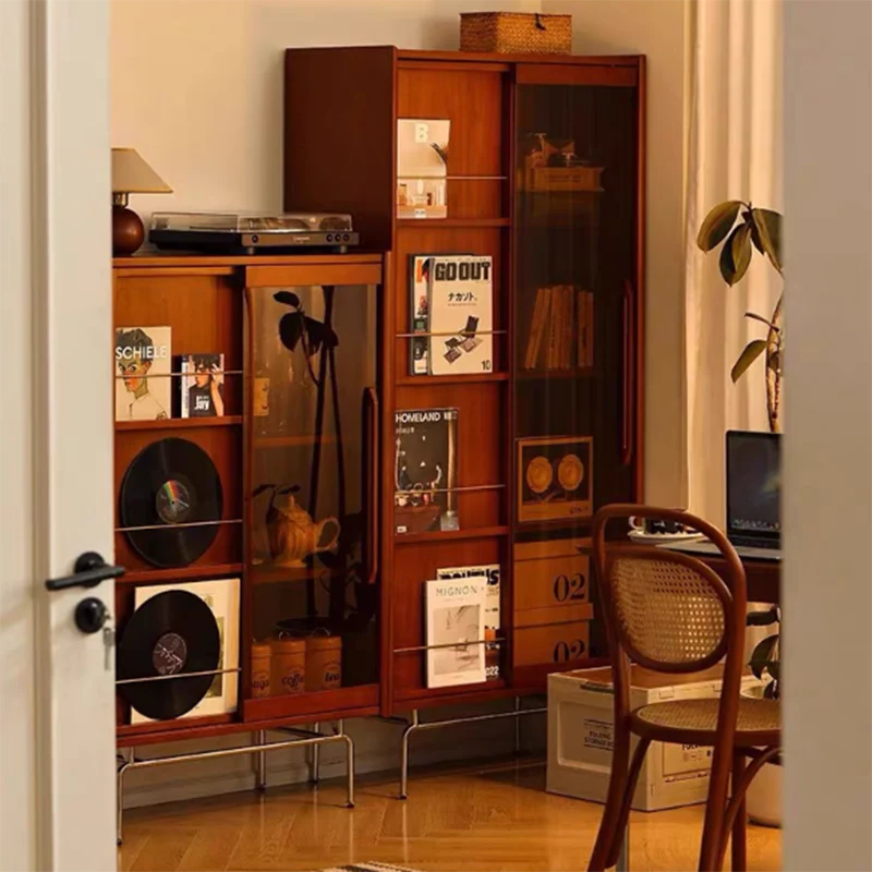 Contemporary Retro Pine Wood Stainless Steel Glass Rectangular Bookshelf 7/8-Cabinet Removable Baffle For Living Room