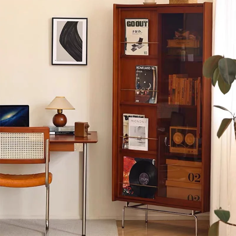 Contemporary Retro Pine Wood Stainless Steel Glass Rectangular Bookshelf 7/8-Cabinet Removable Baffle For Living Room