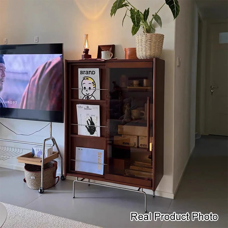 Contemporary Retro Pine Wood Stainless Steel Glass Rectangular Bookshelf 7/8-Cabinet Removable Baffle For Living Room