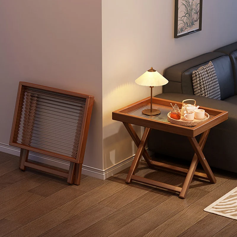 Modern Minimalist Nan Bamboo MDF Acrylic X-Shaped Stable Support Side Table With Foldable & Detachable Design For Living Room