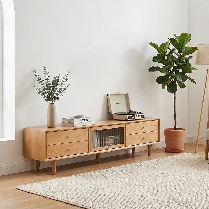 Contemporary Nordic Rectangular Solid Cherry Wood Glass TV Stand 4-Drawer For Living Room