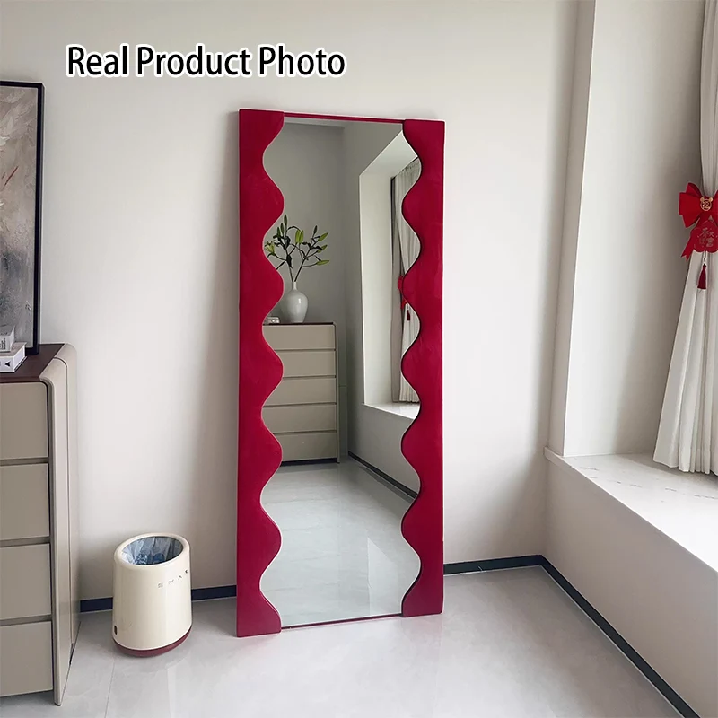 Modern Minimalist Rectangular Wave-Edge Design Medium Density Fiberboard Velvet Glass Wall Mirror Leaning Full-Length Floor Mirror For Bedroom