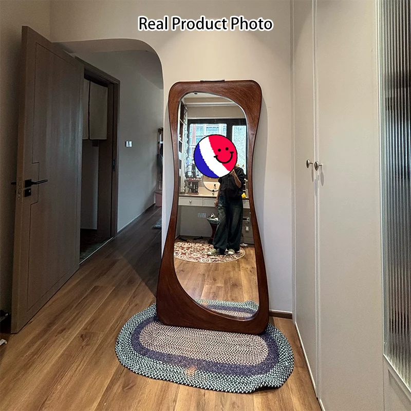 Contemporary Scandinavian Rectangular Rounded-Edge Design Rubberwood Medium Density Fiberboard Tempered Glass Wall Mirror Leaning Full-Length Floor Mirror For Bedroom