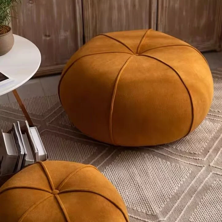 Contemporary Creative Pumpkin Solid Wood Plywood Frame Velvet Low Stool For Living Room And Entryway