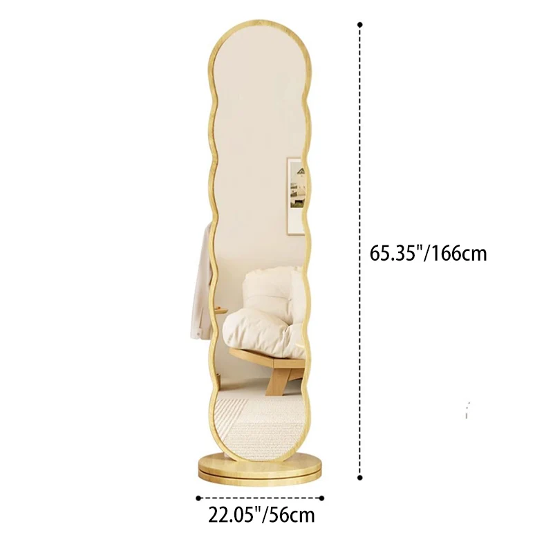 Modern Minimalist Oval Round Wavy Chipboard Glass Rotatable Full-Length Floor Mirror 2-Tier For Bedroom