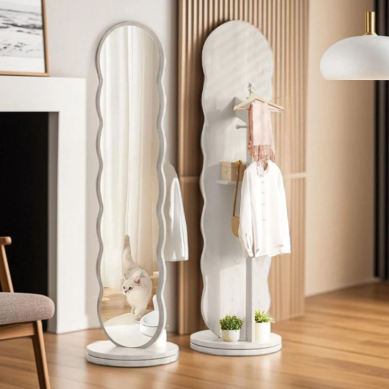 Modern Minimalist Oval Round Wavy Chipboard Glass Rotatable Full-Length Floor Mirror 2-Tier For Bedroom