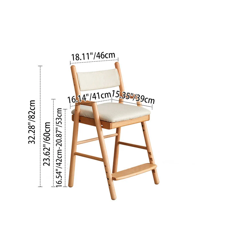 Contemporary Nordic Beech Cotton-Linen Fabric Trapezoidal Kids Adjustable Desk Chair Backrest Armrest For Study