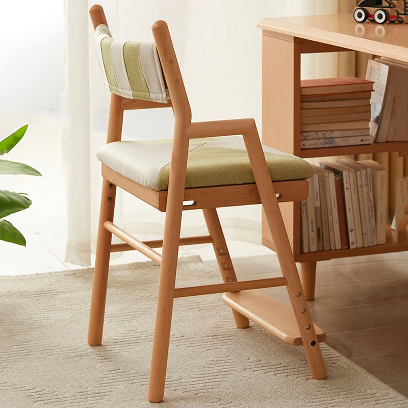 Contemporary Nordic Beech Cotton-Linen Fabric Trapezoidal Kids Adjustable Desk Chair Backrest Armrest For Study
