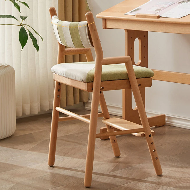 Contemporary Nordic Beech Cotton-Linen Fabric Trapezoidal Kids Adjustable Desk Chair Backrest Armrest For Study