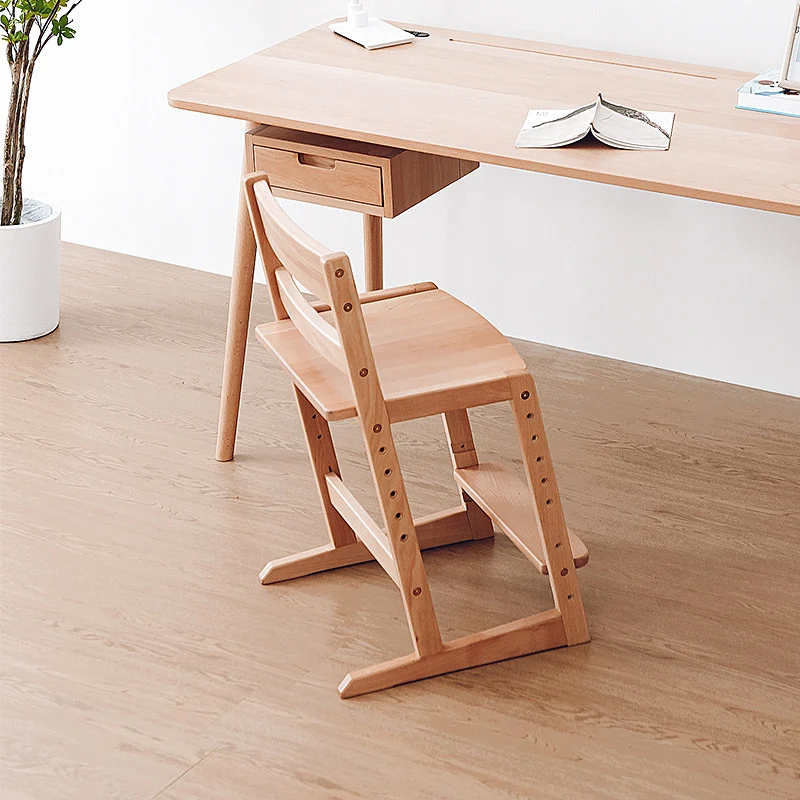 Traditional Chinese Beech Oak Wood Rectangular Adjustable Kids Desk Chair Backrest Armless For Living Room