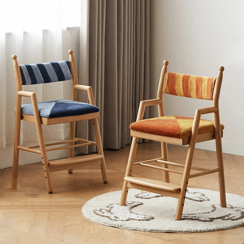 Traditional French Trapezoidal Beech Wood Pine Board Faux Cotton-Linen Fabric Sponge Adjustable Kids Desk Chair For Study