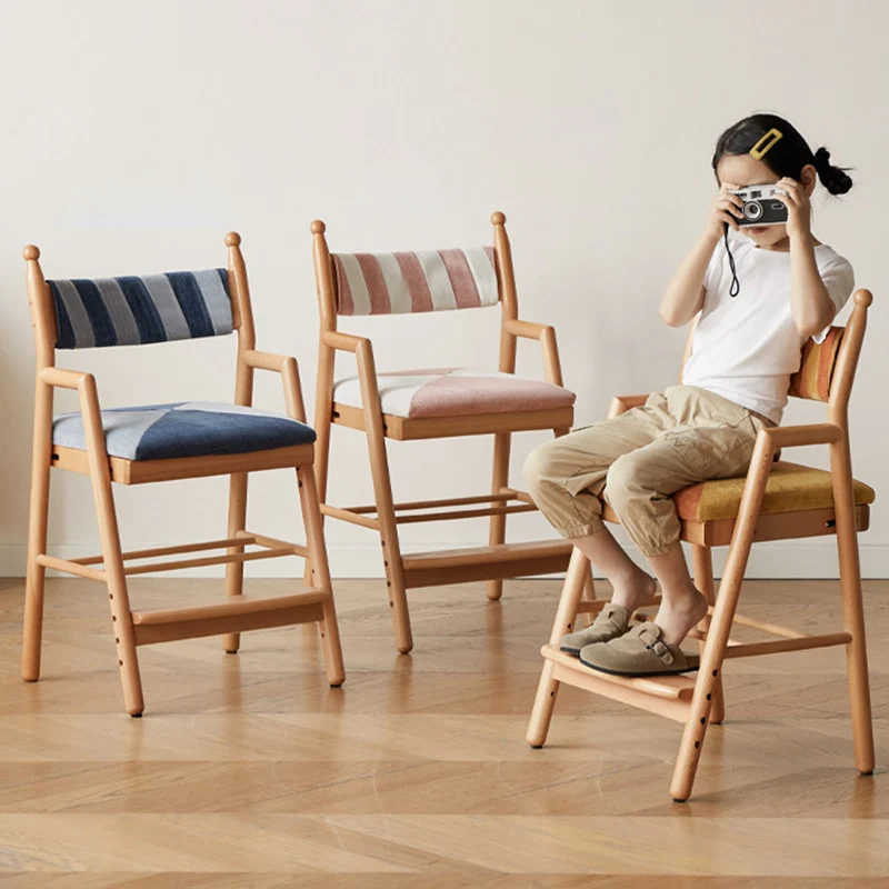Traditional French Trapezoidal Beech Wood Pine Board Faux Cotton-Linen Fabric Sponge Adjustable Kids Desk Chair For Study