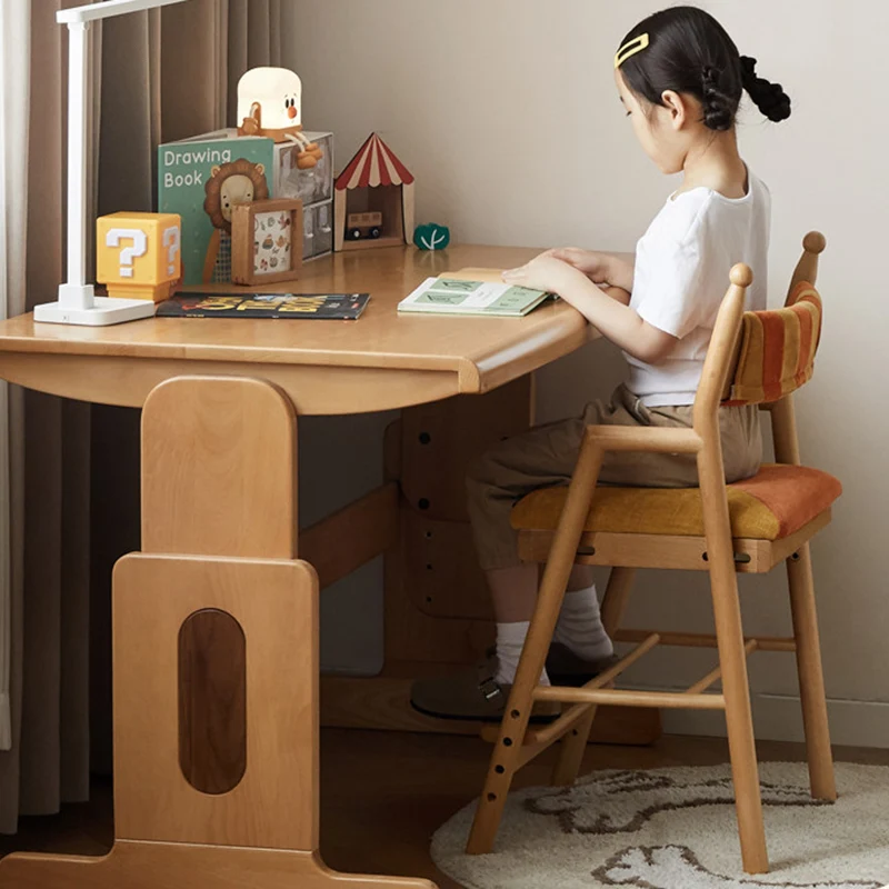 Traditional French Trapezoidal Beech Wood Pine Board Faux Cotton-Linen Fabric Sponge Adjustable Kids Desk Chair For Study
