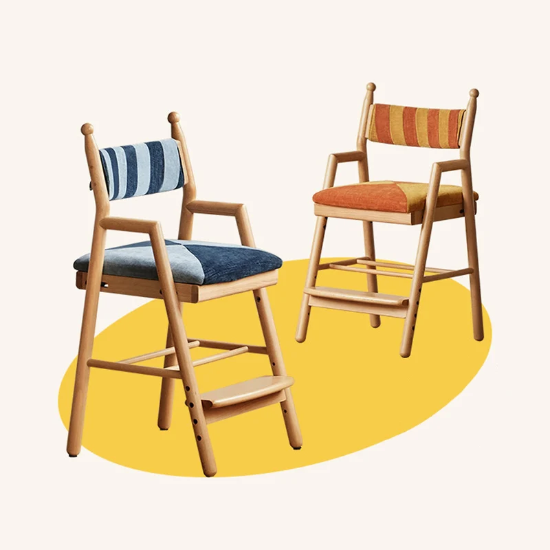 Traditional French Trapezoidal Beech Wood Pine Board Faux Cotton-Linen Fabric Sponge Adjustable Kids Desk Chair For Study