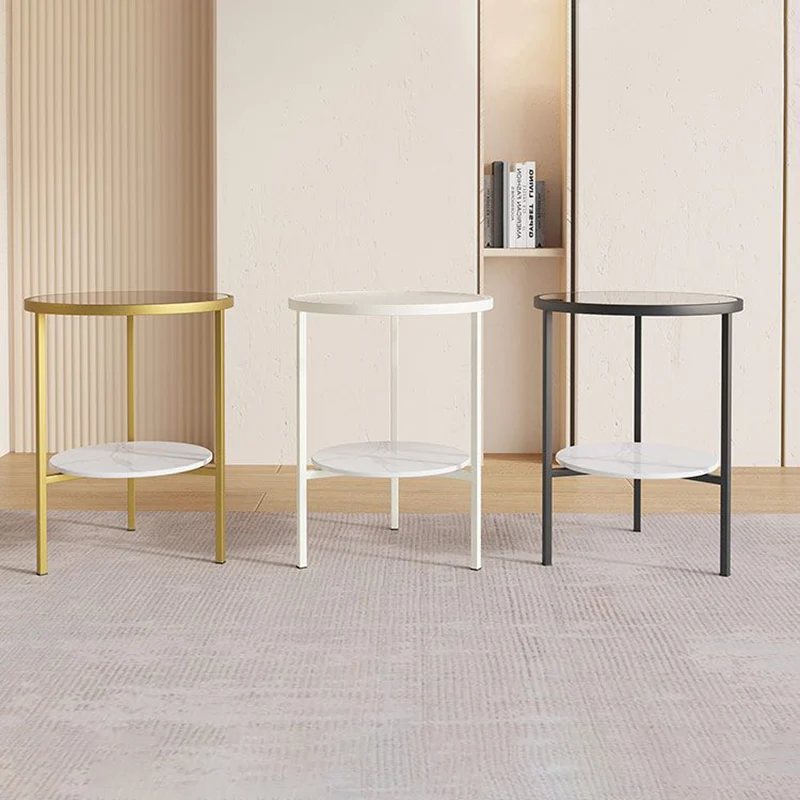 Modern Minimalist Cylindrical Round Glass Stone Slab Iron Side Table 2-Tier For Living Room