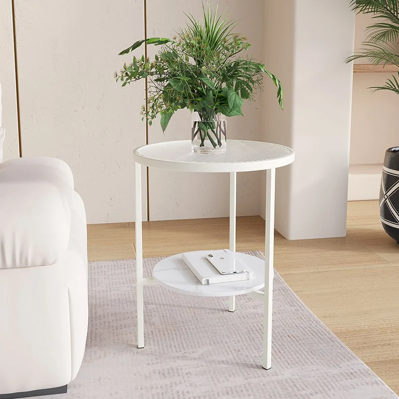 Modern Minimalist Cylindrical Round Glass Stone Slab Iron Side Table 2-Tier For Living Room