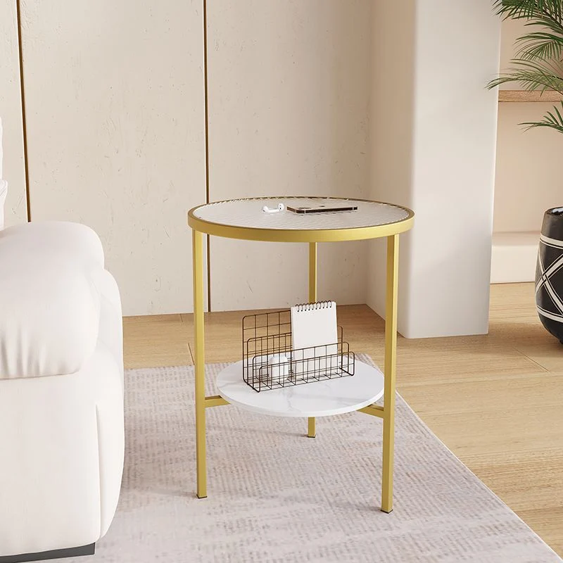 Modern Minimalist Cylindrical Round Glass Stone Slab Iron Side Table 2-Tier For Living Room