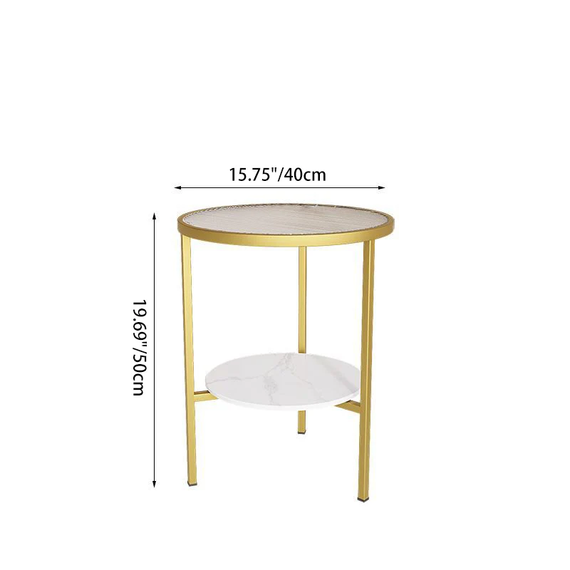 Modern Minimalist Cylindrical Round Glass Stone Slab Iron Side Table 2-Tier For Living Room