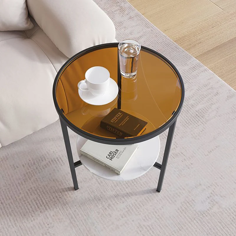 Modern Minimalist Cylindrical Round Glass Stone Slab Iron Side Table 2-Tier For Living Room