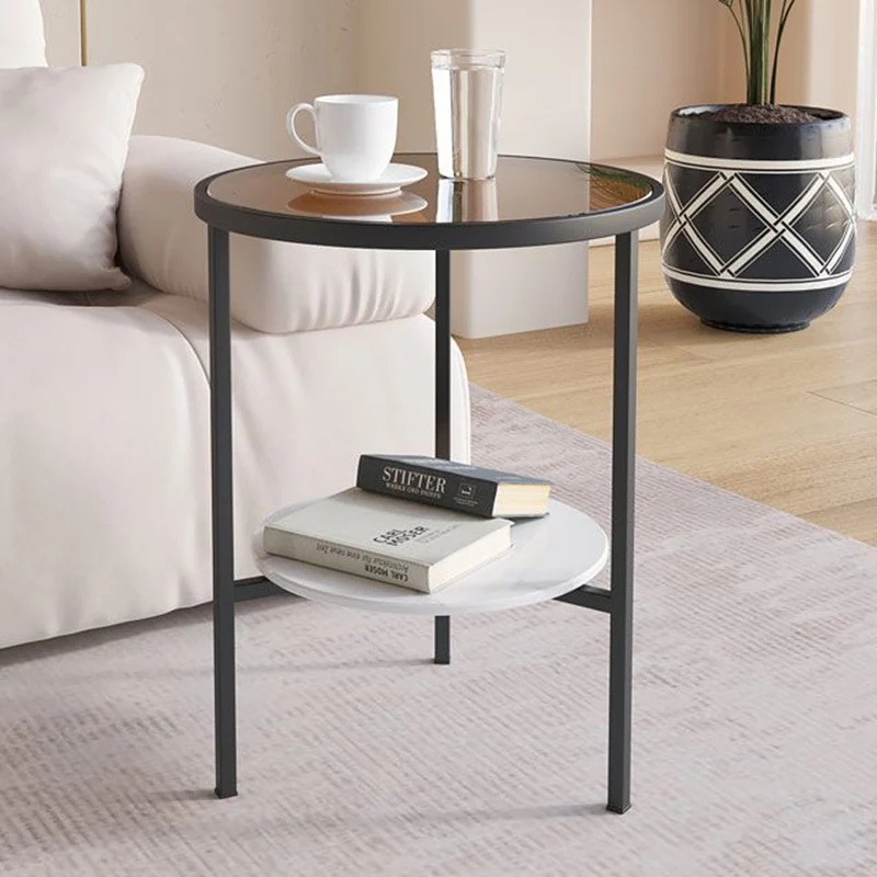 Modern Minimalist Cylindrical Round Glass Stone Slab Iron Side Table 2-Tier For Living Room
