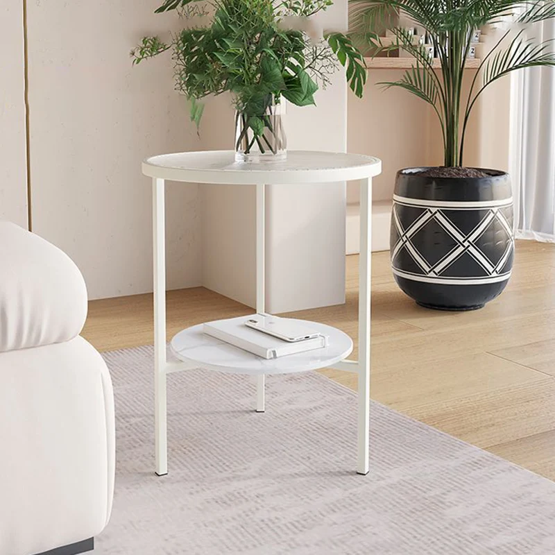 Modern Minimalist Cylindrical Round Glass Stone Slab Iron Side Table 2-Tier For Living Room