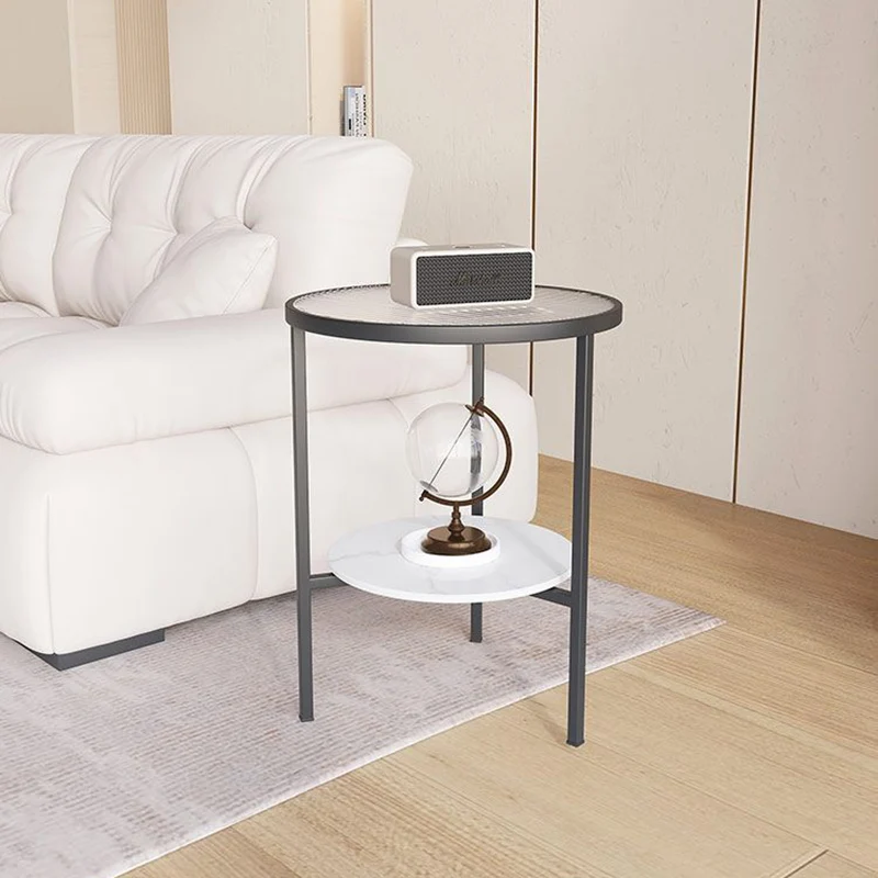 Modern Minimalist Cylindrical Round Glass Stone Slab Iron Side Table 2-Tier For Living Room