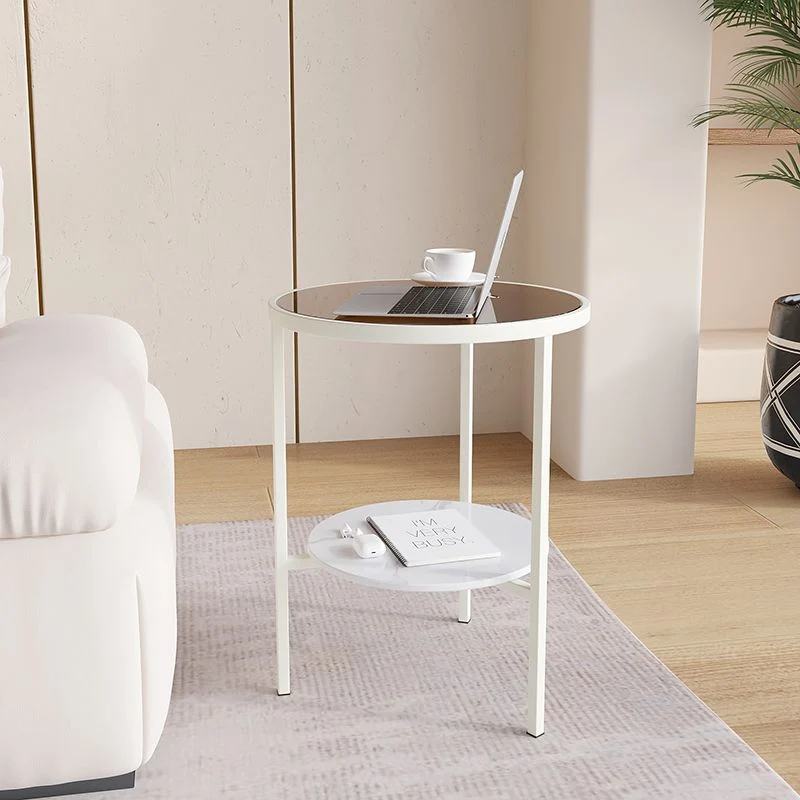 Modern Minimalist Cylindrical Round Glass Stone Slab Iron Side Table 2-Tier For Living Room