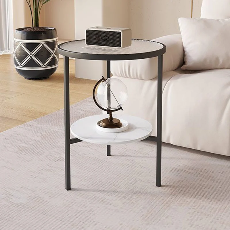 Modern Minimalist Cylindrical Round Glass Stone Slab Iron Side Table 2-Tier For Living Room