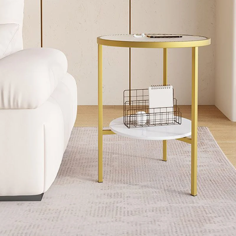 Modern Minimalist Cylindrical Round Glass Stone Slab Iron Side Table 2-Tier For Living Room