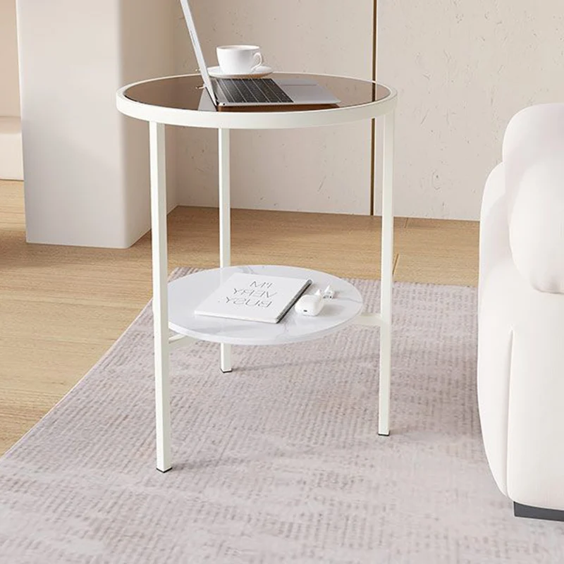 Modern Minimalist Cylindrical Round Glass Stone Slab Iron Side Table 2-Tier For Living Room