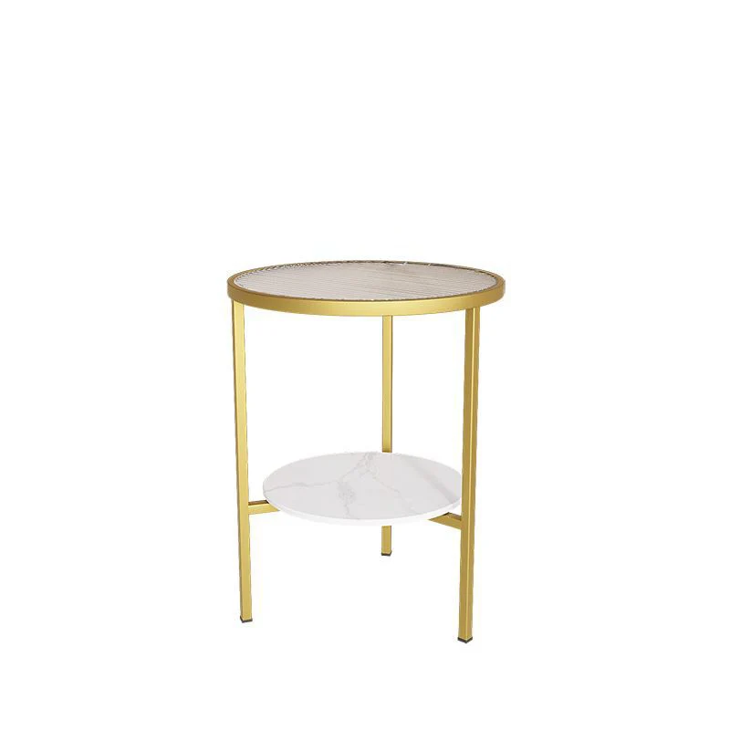 Modern Minimalist Cylindrical Round Glass Stone Slab Iron Side Table 2-Tier For Living Room