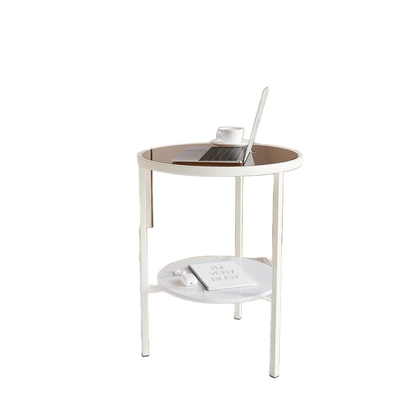 Modern Minimalist Cylindrical Round Glass Stone Slab Iron Side Table 2-Tier For Living Room
