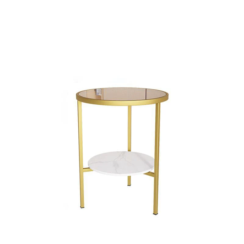Modern Minimalist Cylindrical Round Glass Stone Slab Iron Side Table 2-Tier For Living Room