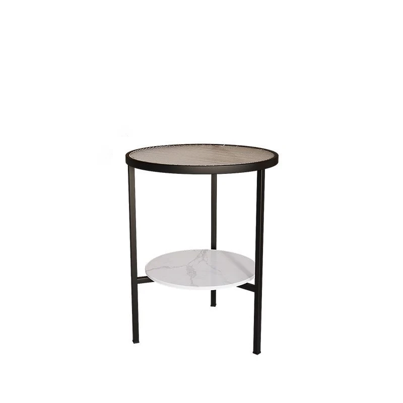 Modern Minimalist Cylindrical Round Glass Stone Slab Iron Side Table 2-Tier For Living Room