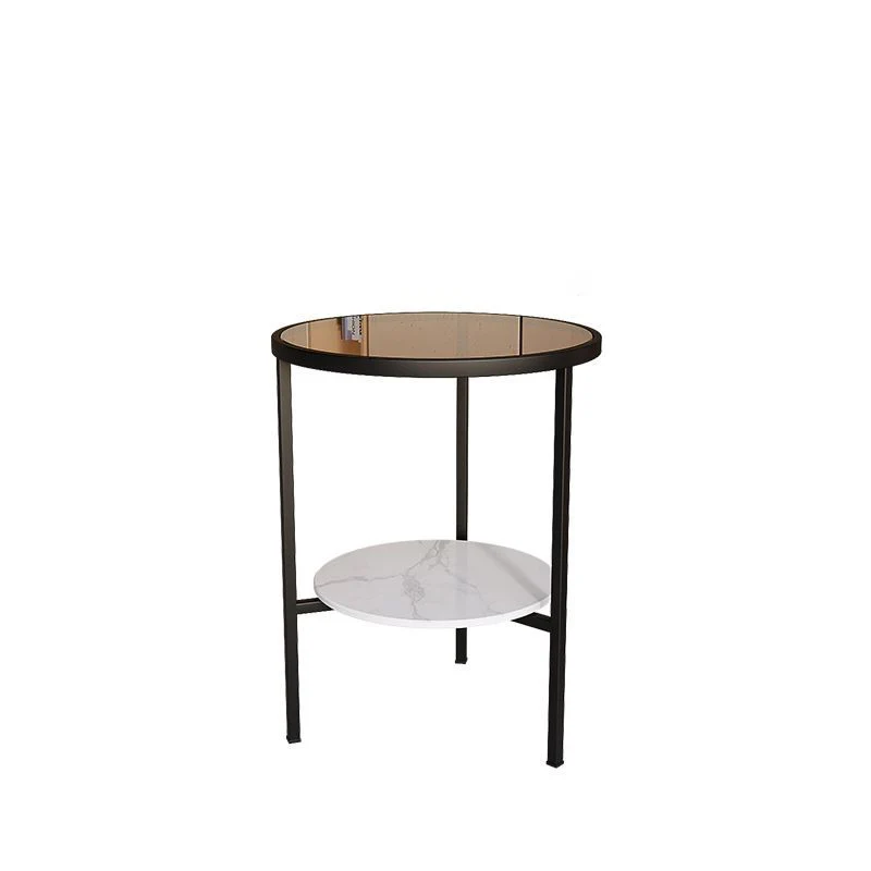 Modern Minimalist Cylindrical Round Glass Stone Slab Iron Side Table 2-Tier For Living Room