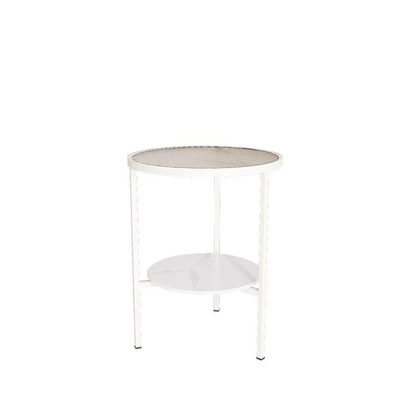 Modern Minimalist Cylindrical Round Glass Stone Slab Iron Side Table 2-Tier For Living Room