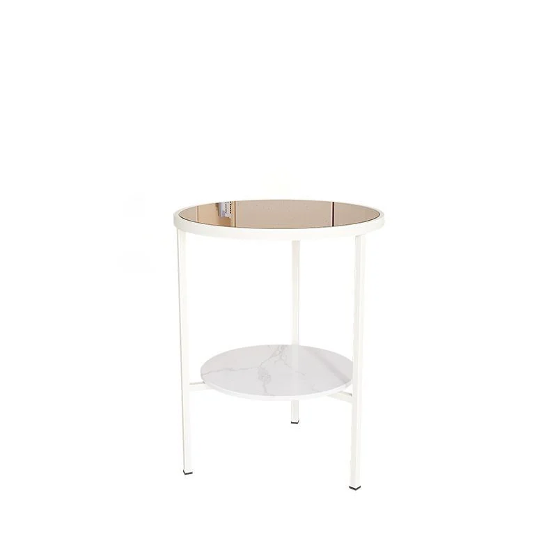 Modern Minimalist Cylindrical Round Glass Stone Slab Iron Side Table 2-Tier For Living Room