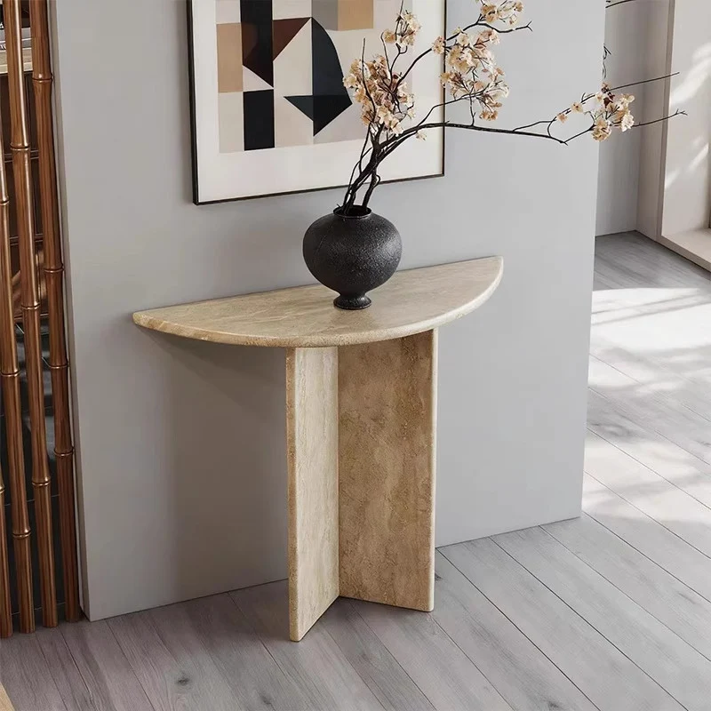 Modern Minimalist Natural Travertine Half Moon Console Table Against The Wall Space-saving For Living Room Entryway