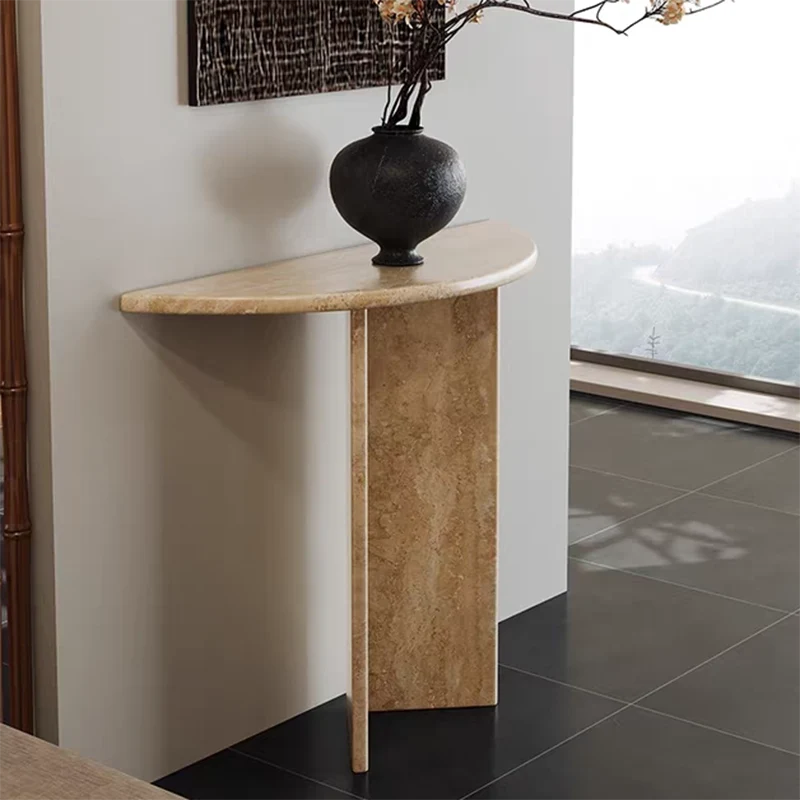 Modern Minimalist Natural Travertine Half Moon Console Table Against The Wall Space-saving For Living Room Entryway