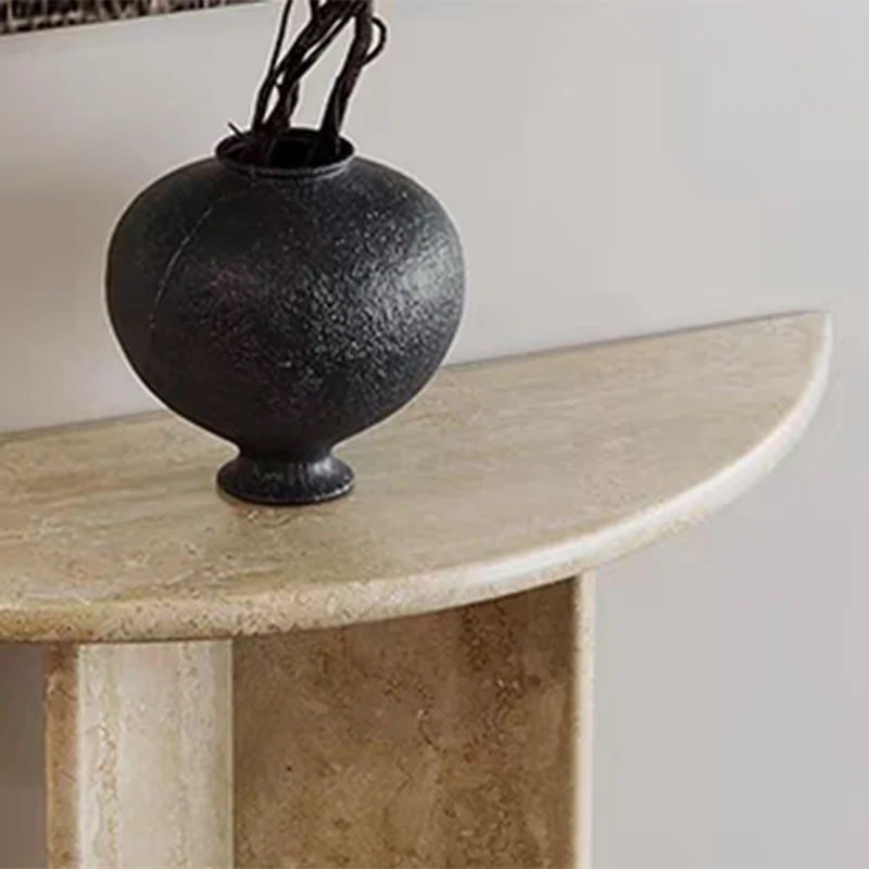 Modern Minimalist Natural Travertine Half Moon Console Table Against The Wall Space-saving For Living Room Entryway