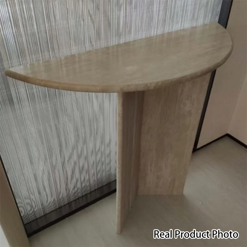 Modern Minimalist Natural Travertine Half Moon Console Table Against The Wall Space-saving For Living Room Entryway