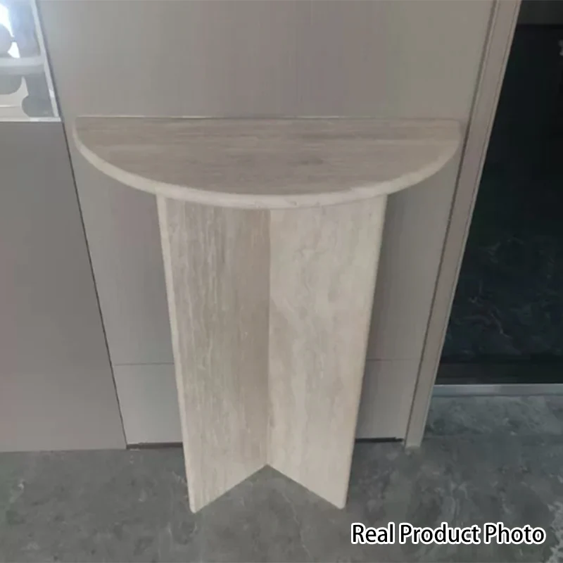 Modern Minimalist Natural Travertine Half Moon Console Table Against The Wall Space-saving For Living Room Entryway