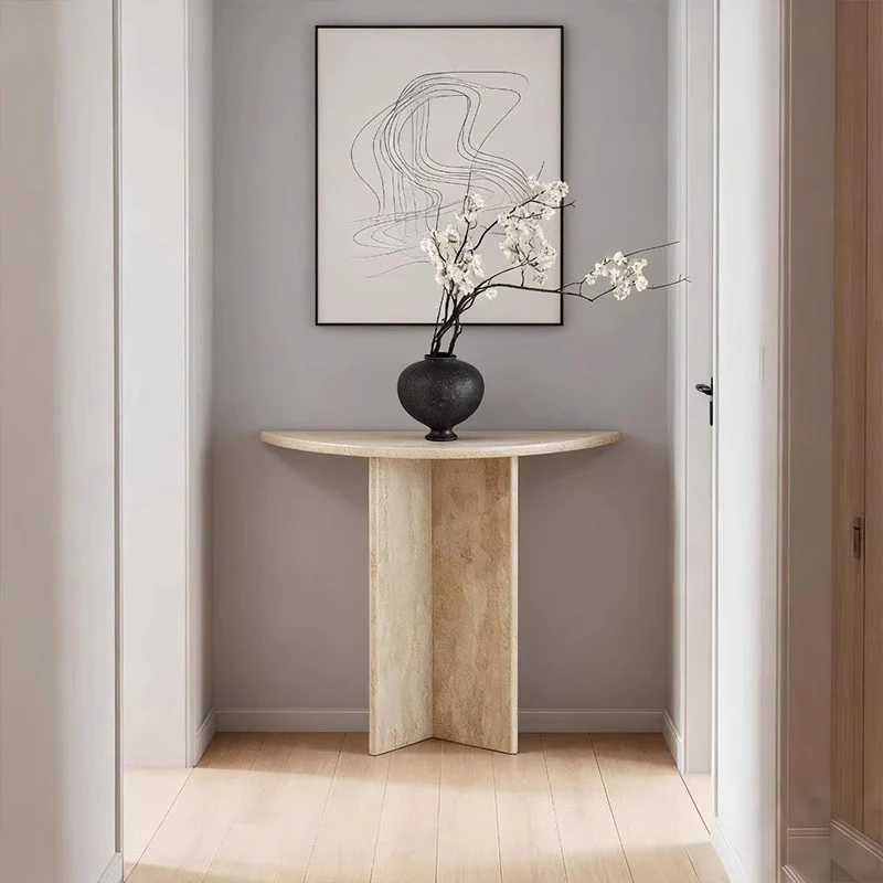 Modern Minimalist Natural Travertine Half Moon Console Table Against The Wall Space-saving For Living Room Entryway